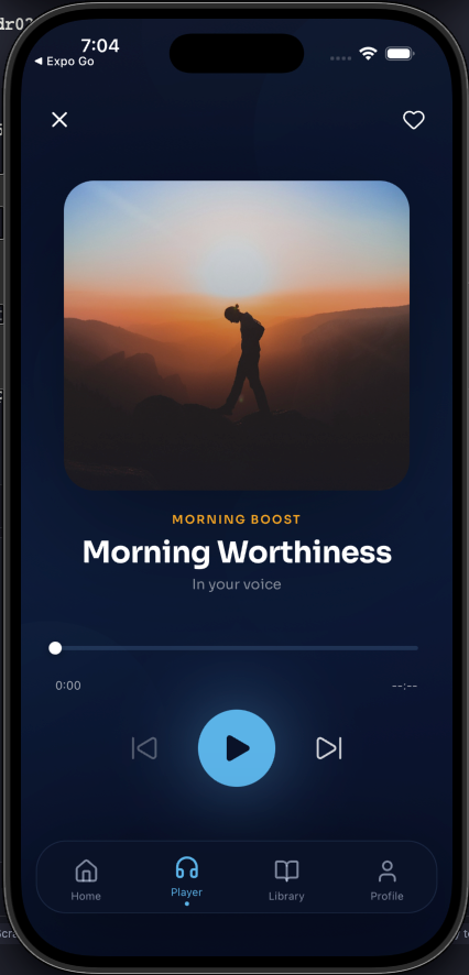 The InSync player showing a track called "Morning Worthiness" under the heading Morning Boost, with the subtitle "In your voice".