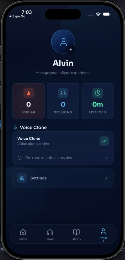 The InSync profile screen showing a Voice Clone section marked active, with an option to re-record voice samples.